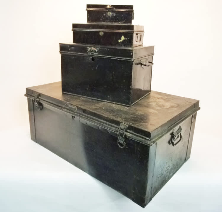 3: Stack Of 4 Black Matching Metal Chests