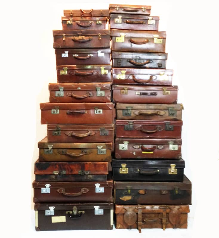 3: Large Stack of Various Brown Leather Suitcases 