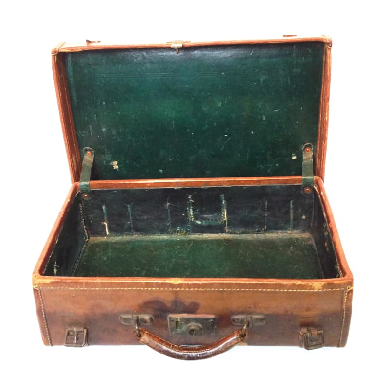 5: Dark Brown Stained Leather Vintage Suitcase with Initials