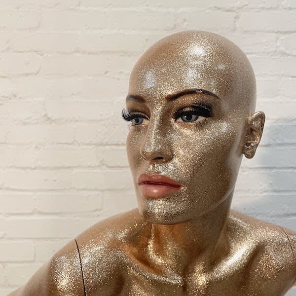 Gold Glittery Full Bodied Female Mannequin With Full Face, Hands On Hips