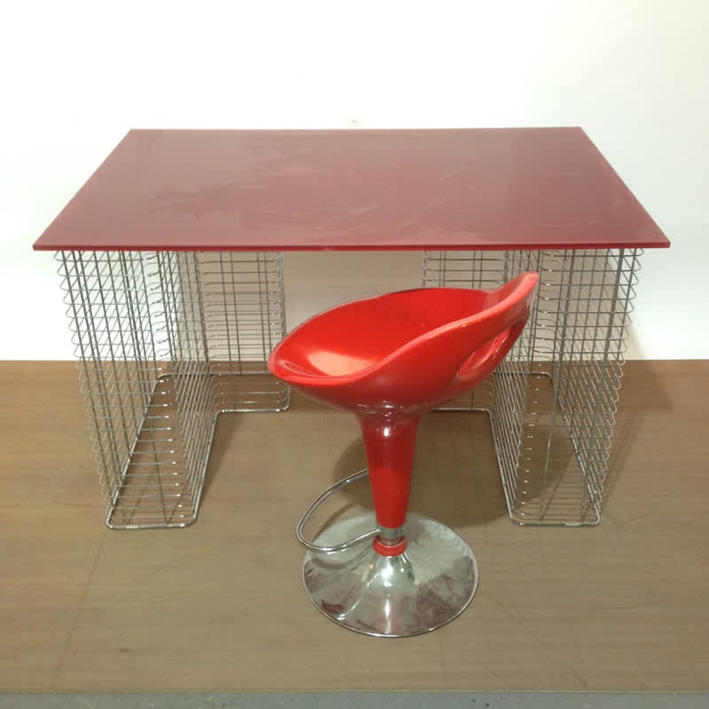 Ruby Red Glass Top Desk With Chrome Supports LONDON PROP HIRE