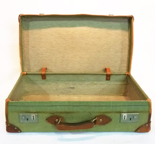 5: Green Vintage Canvas With Leather Trim Suitcase