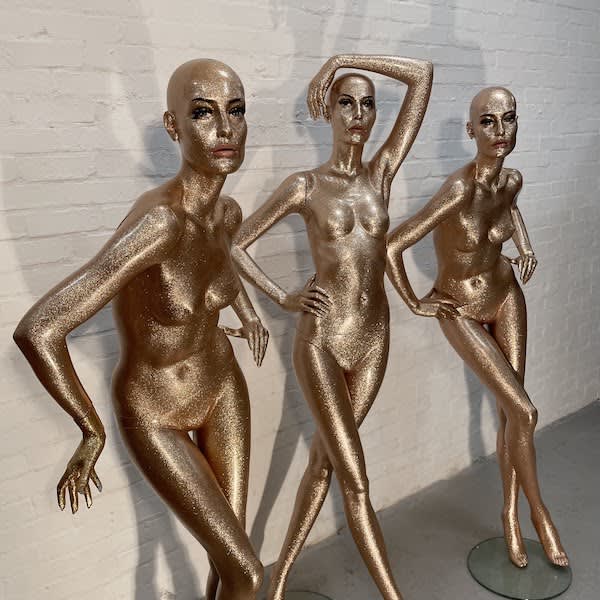 Gold Glittery Full Bodied Female Mannequin With Full Face, Hands On Hips