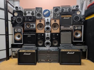 Large Speaker Stack with Amps, Sound Desks and Boomboxes
