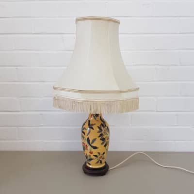 Vintage Printed Vase With Cream Fringed Lampshade (Working)