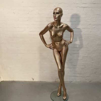 Gold Glittery Full Bodied Female Mannequin With Full Face, Hands On Hips