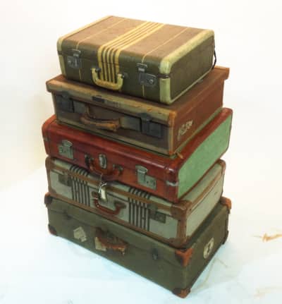 Stack Of 5 Vintage Canvas Suitcases