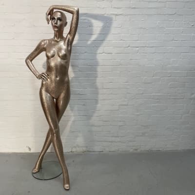 Gold Glittery Full Bodied Female Mannequin With Full Face, Hand Over Head