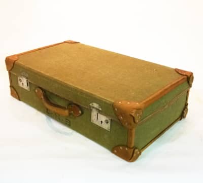Pale Green Canvas With Leather Trim Vintage Suitcase