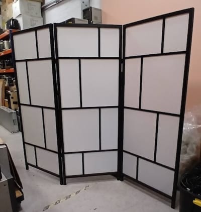 Black Wooden Screen With White Opaque Panel Inserts