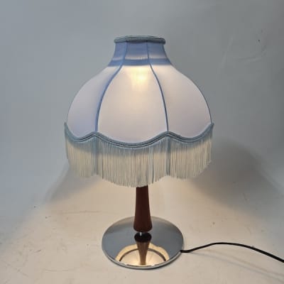 Blue Table Lamp With Wood & Chrome Stand (Working)