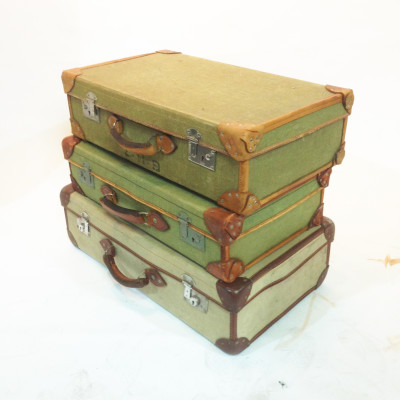 Stack Of 3 Green Vintage Canvas Suitcases