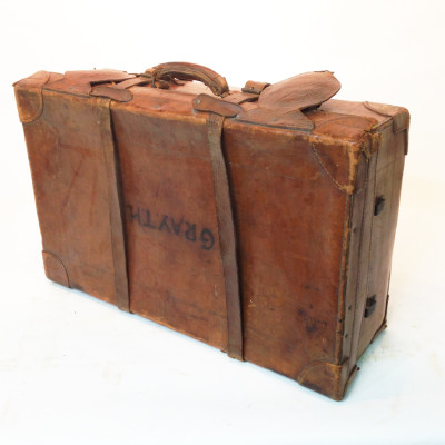 Large Brown Leather Suitcase with Straps and Initials