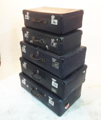 Stack of 5 Matching Navy Blue Vintage Suitcases