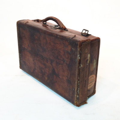 Dark Brown Stained Leather Vintage Suitcase with Initials