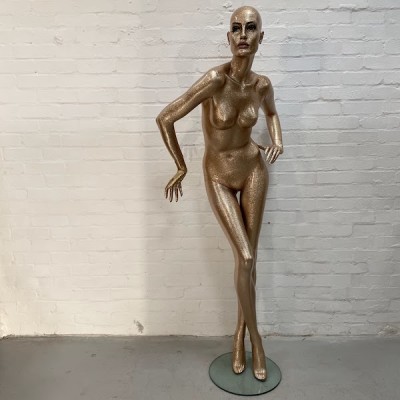 Gold Glittery Full Bodied Female Mannequin With Full Face, Left Hand On Hip