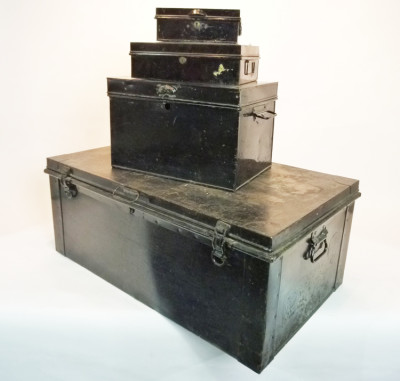 Stack Of 4 Black Matching Metal Chests