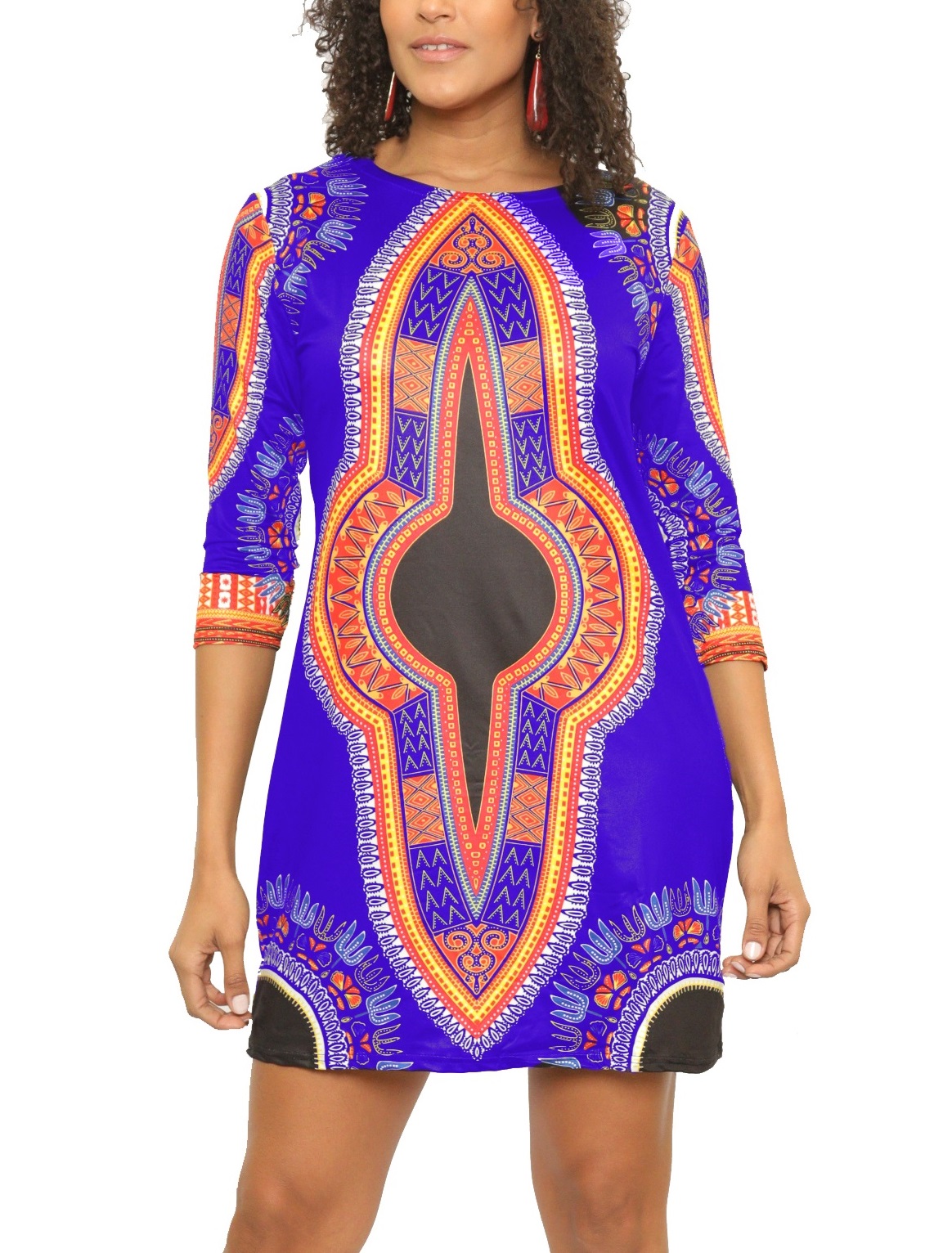 Women's Sexy Stretchy Short Dashiki-Style Bodycon Dress with 3/4-Length Sle - Picture 5 of 8