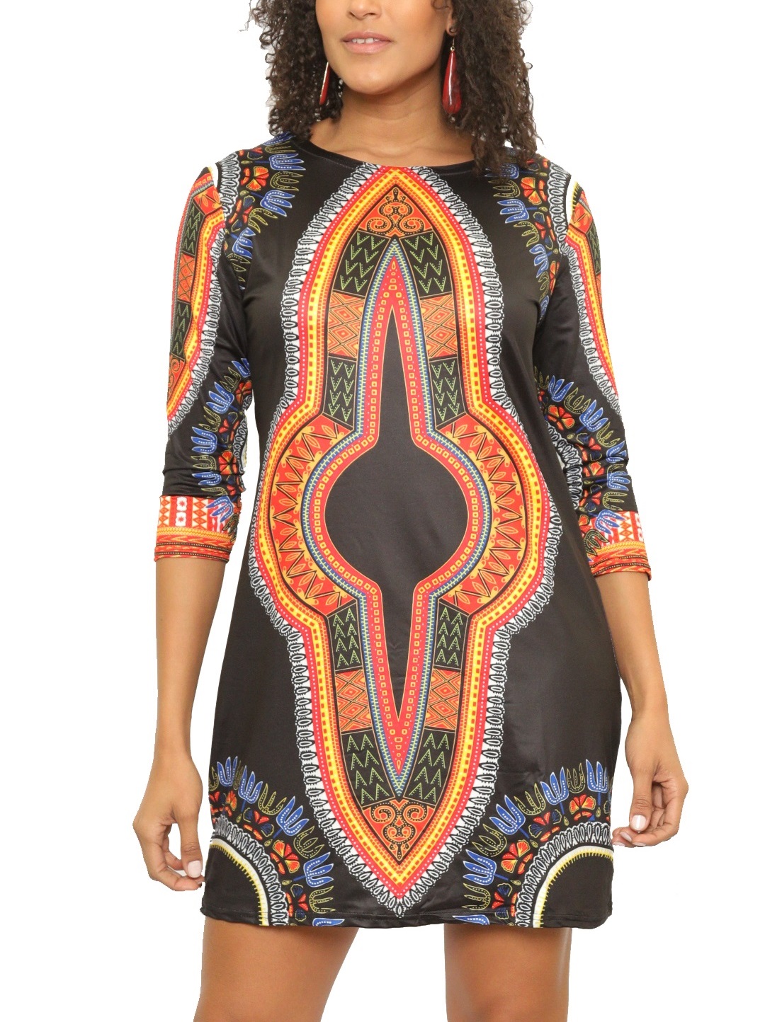 Women's Sexy Stretchy Short Dashiki-Style Bodycon Dress with 3/4-Length Sle - Picture 8 of 8