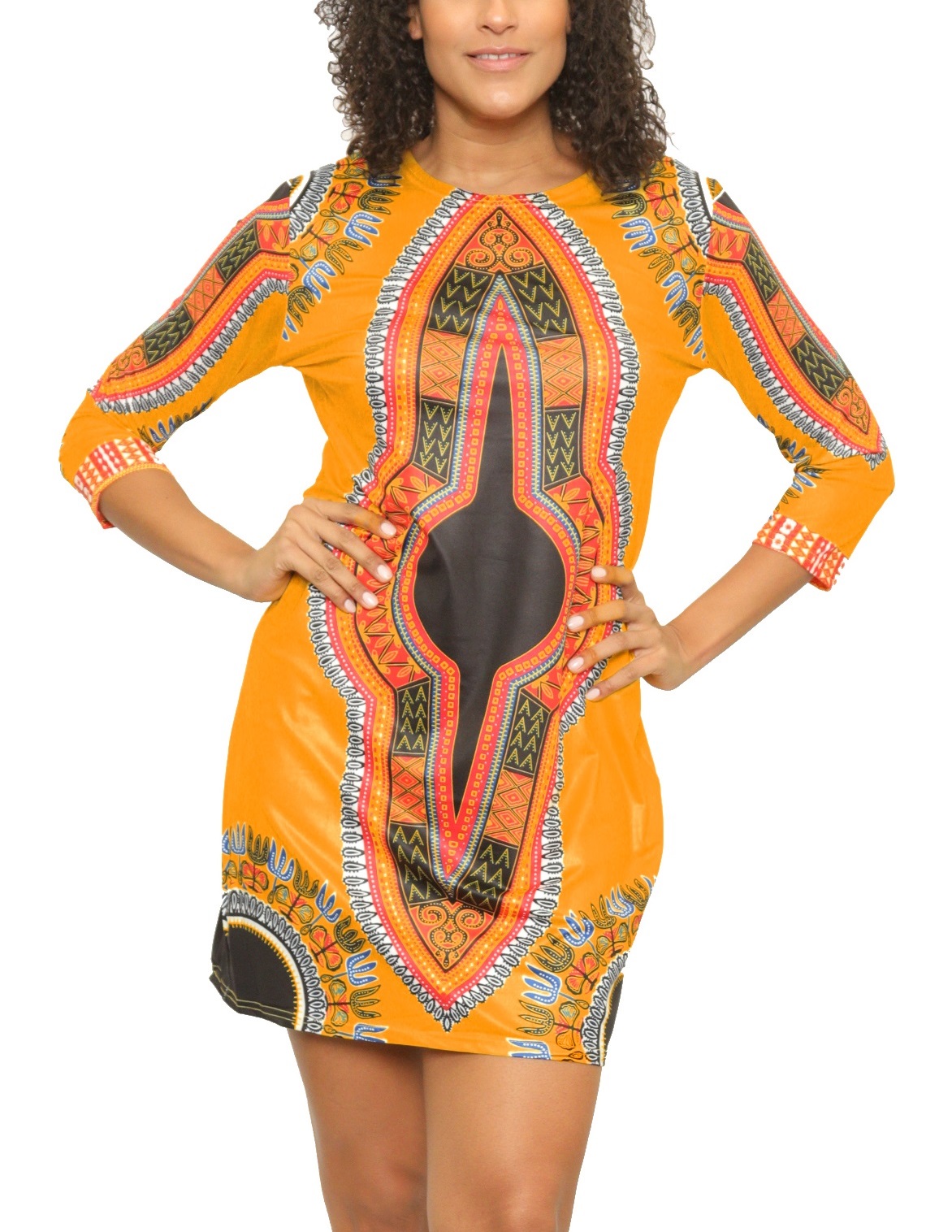 Women's Sexy Stretchy Short Dashiki-Style Bodycon Dress with 3/4-Length Sle - Picture 6 of 8