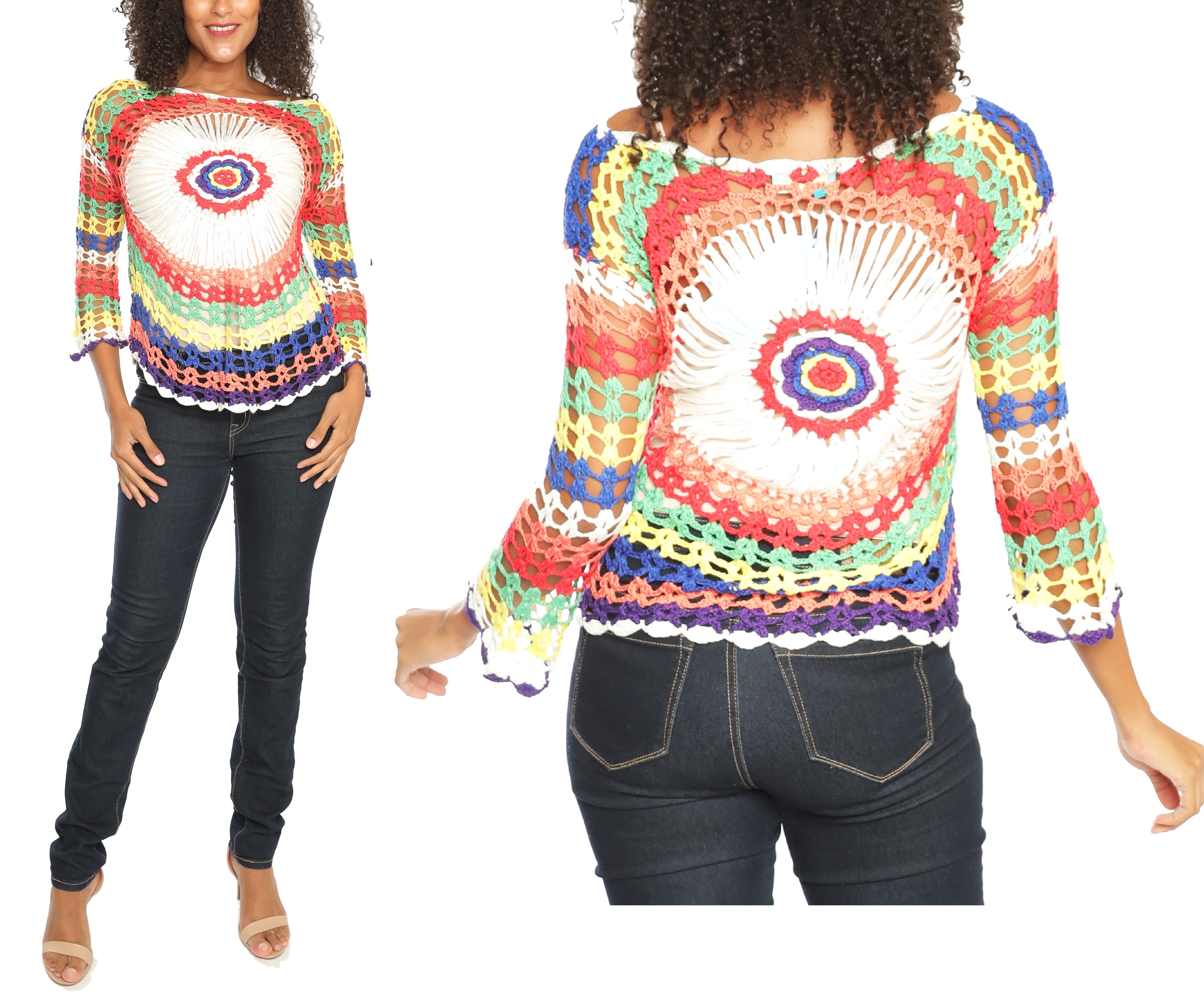 Prenda para mujer 100 % algodón colorido patrón verano sin mangas crochet túnica bl - Imagen 8 de 8