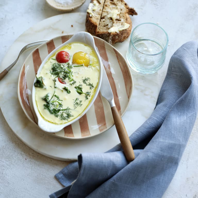 Oeufs en cocotte met spinazie en Looye Honingtomaten