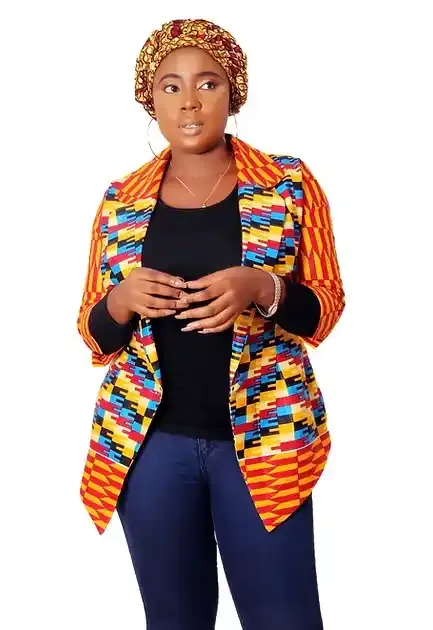 Efua Kente Ankara Blazer Jacket With Matching Head Wrap And Stylish One-Button