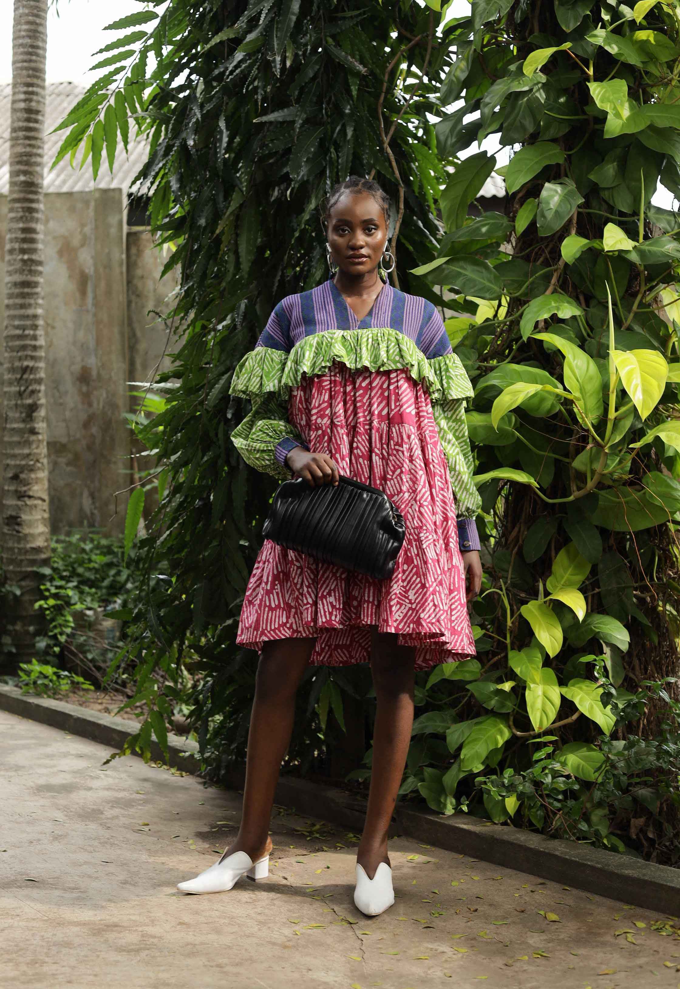 Abeni Mixed Print Tiered Dress – Hand-Dyed Asooke And Cotton with Kimono Sleeves, Puff Detail And Pockets