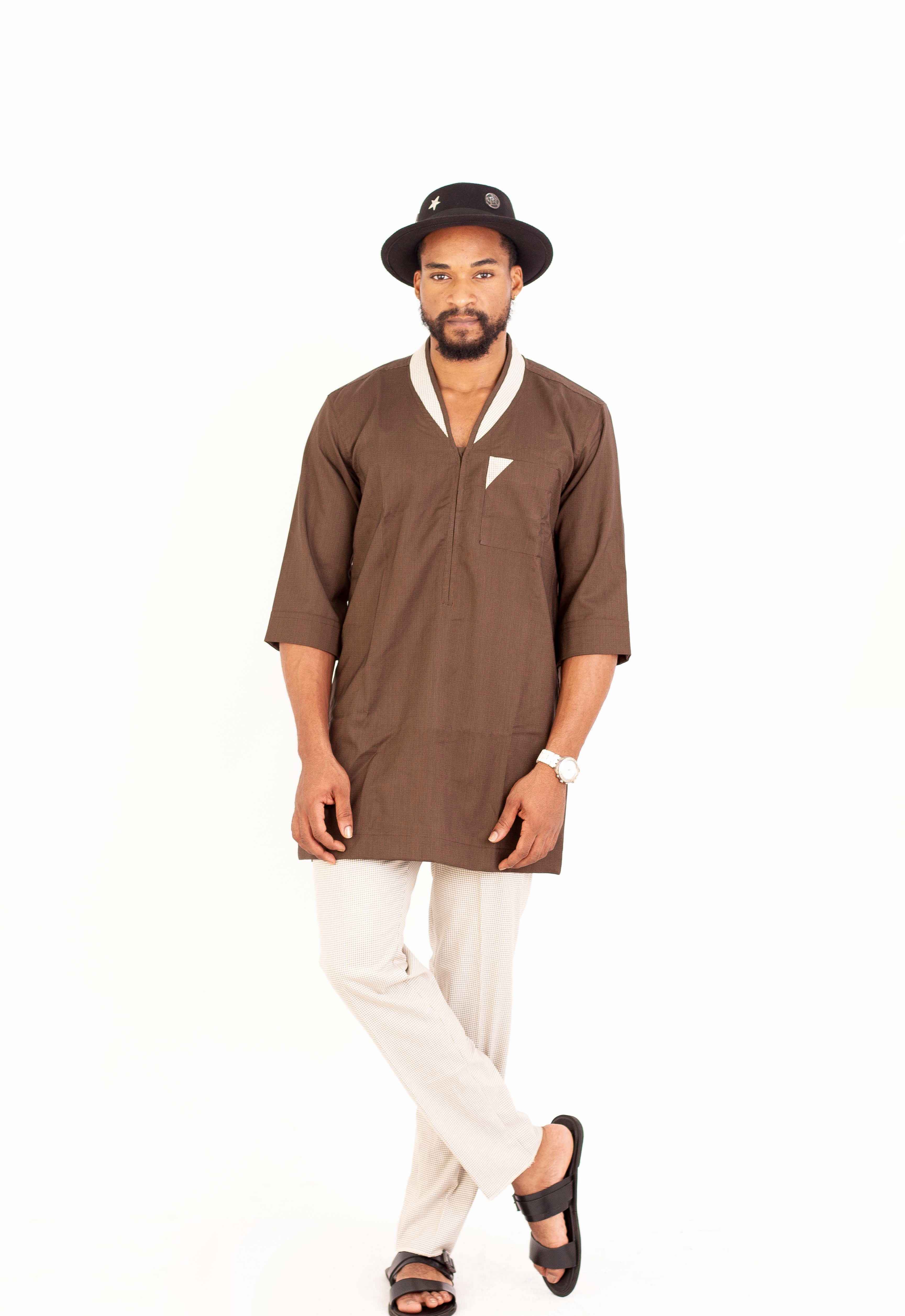 Bande Brown Two-Tone Chequered Kaftan Set – Tailored Sophistication