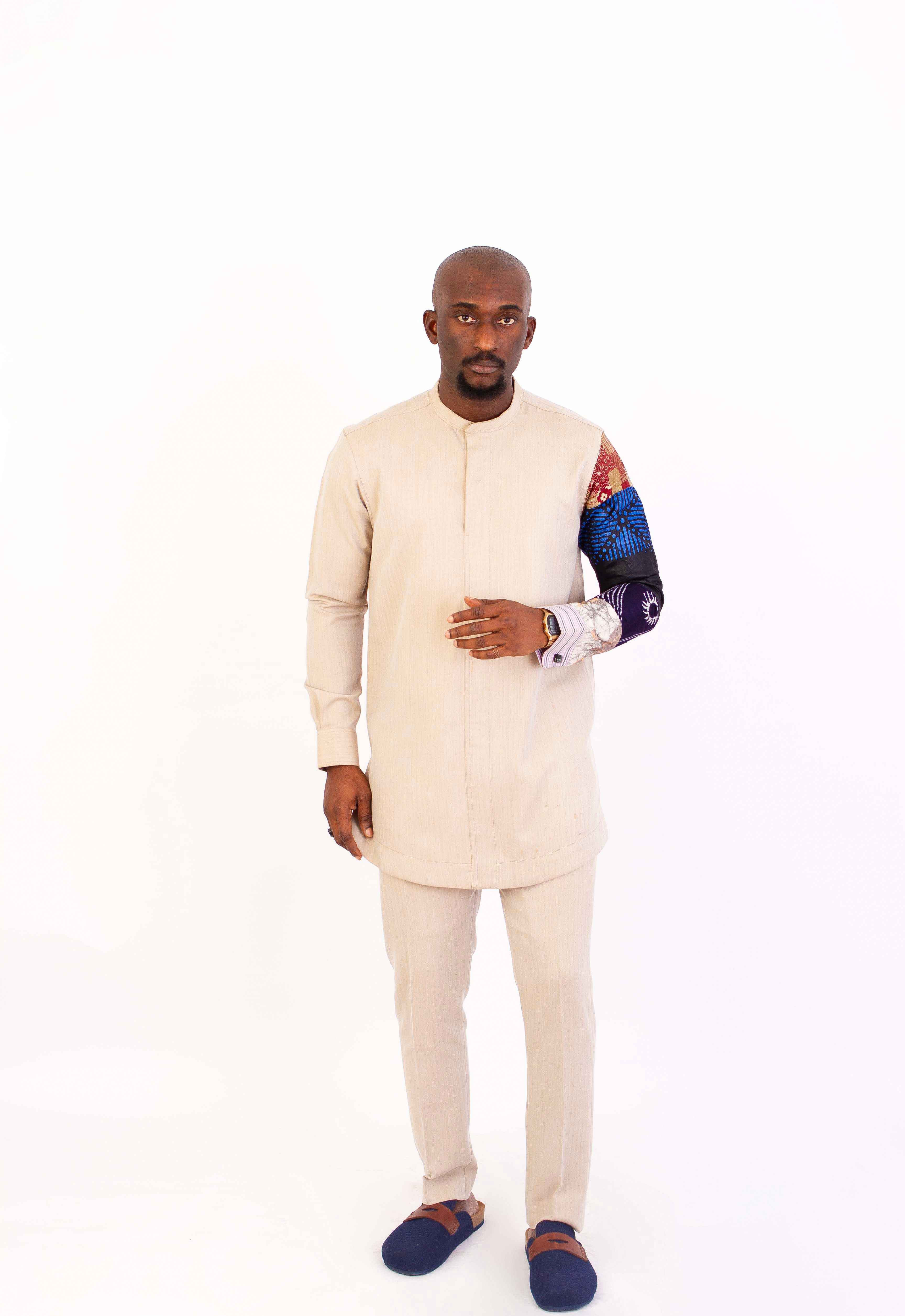 Bale Beige Kaftan Set With Ankara Design