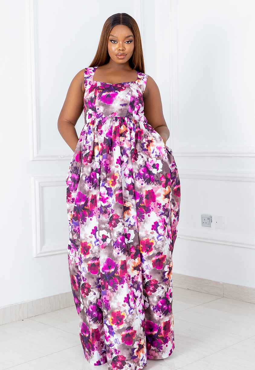 Floral Maxi Dress With Open Back And Side Seam Pockets