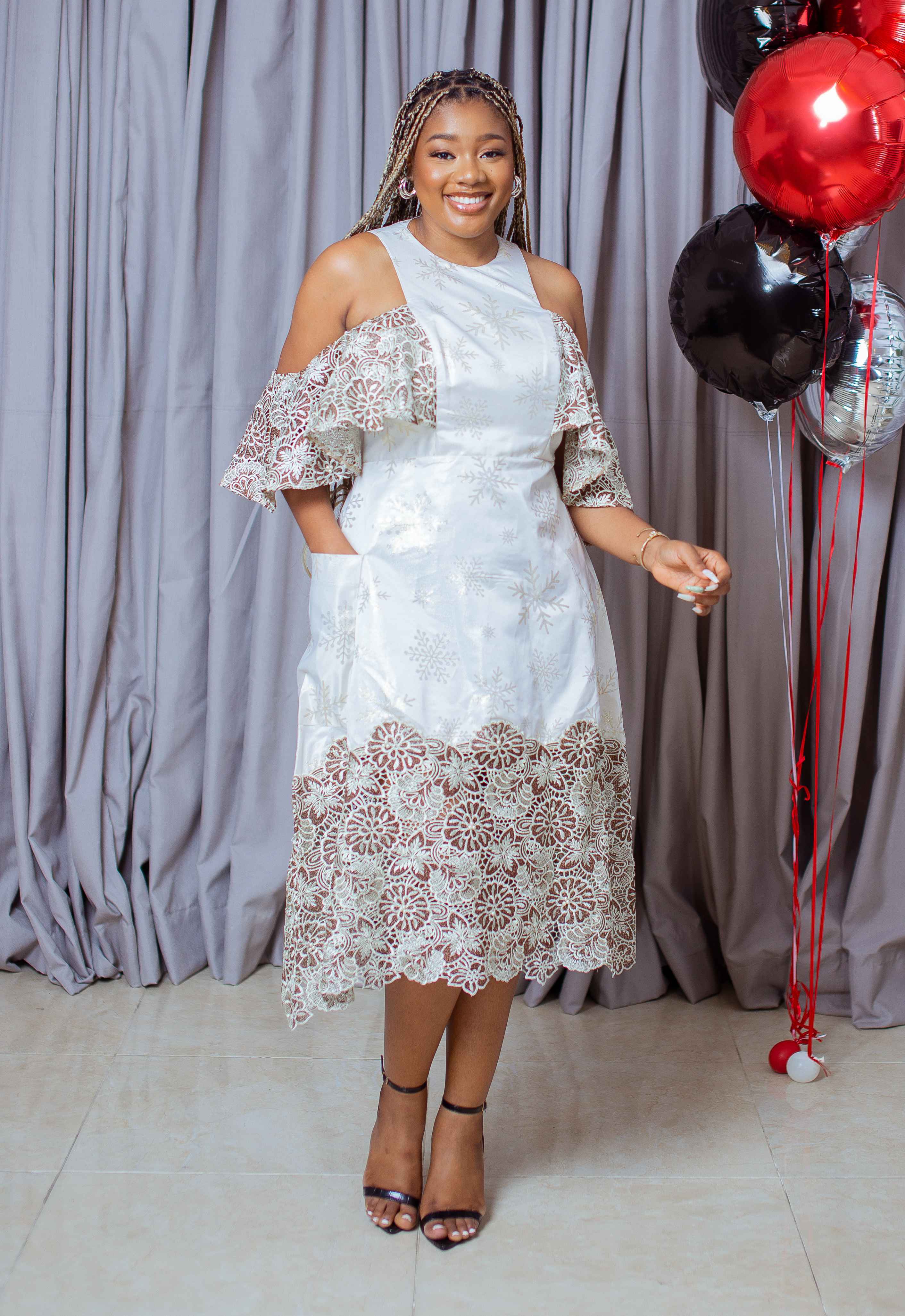 Zara Stylish A-Line Brocade Dress With Lace Cold Shoulder And Pockets