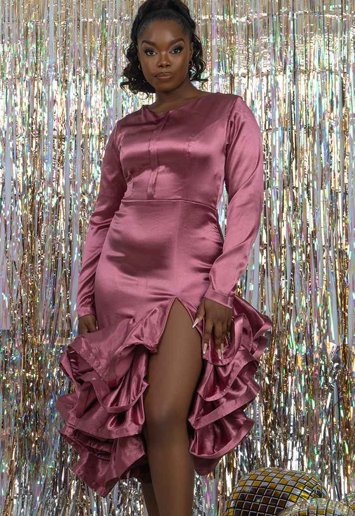 Crinoline Slit Long Sleeve Ruffle Drop-Waist Duchess Dress