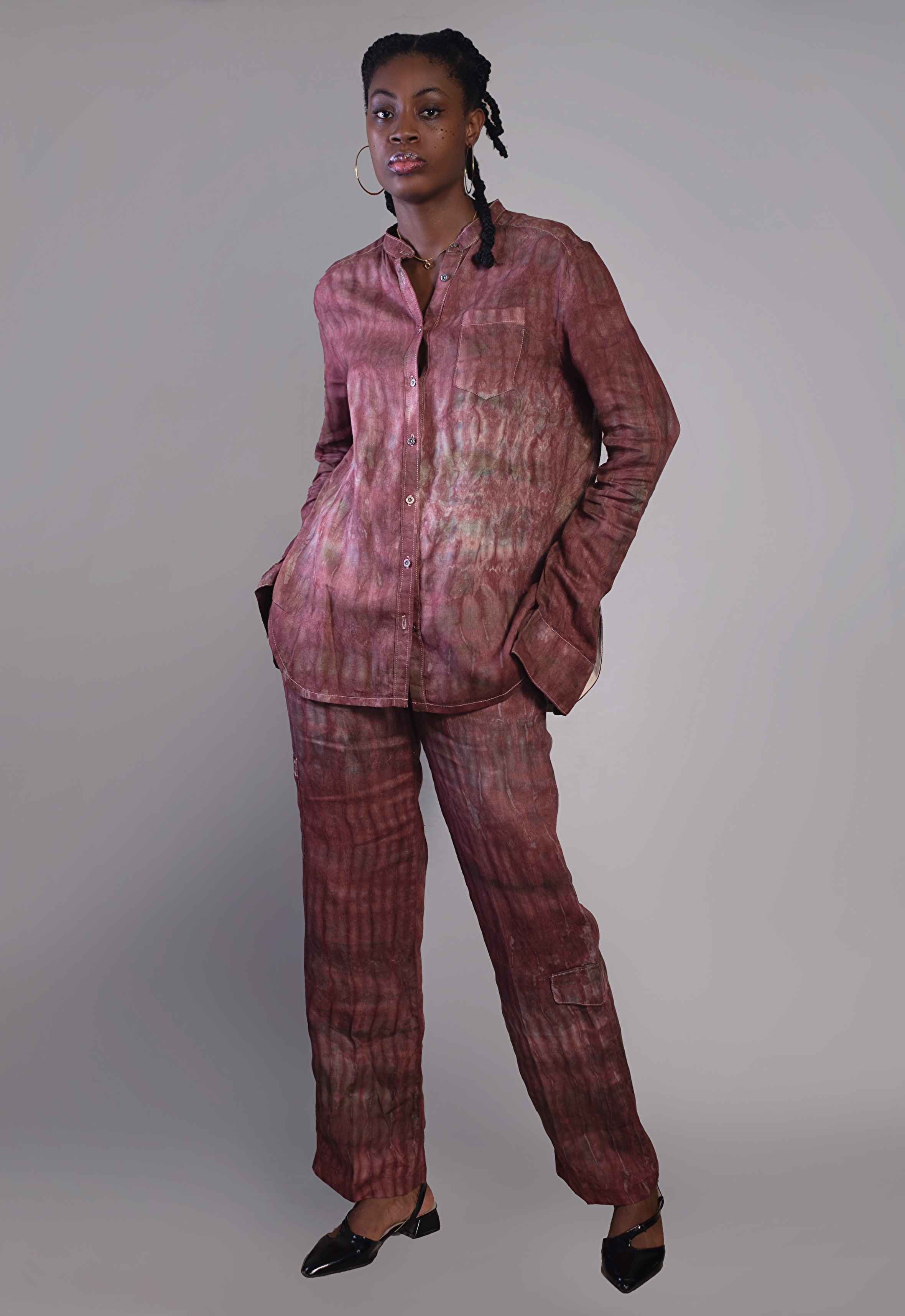 Faux Straight-Cut Trousers With Patch Pocket And Flap In Tie-Dye Linen Cotton