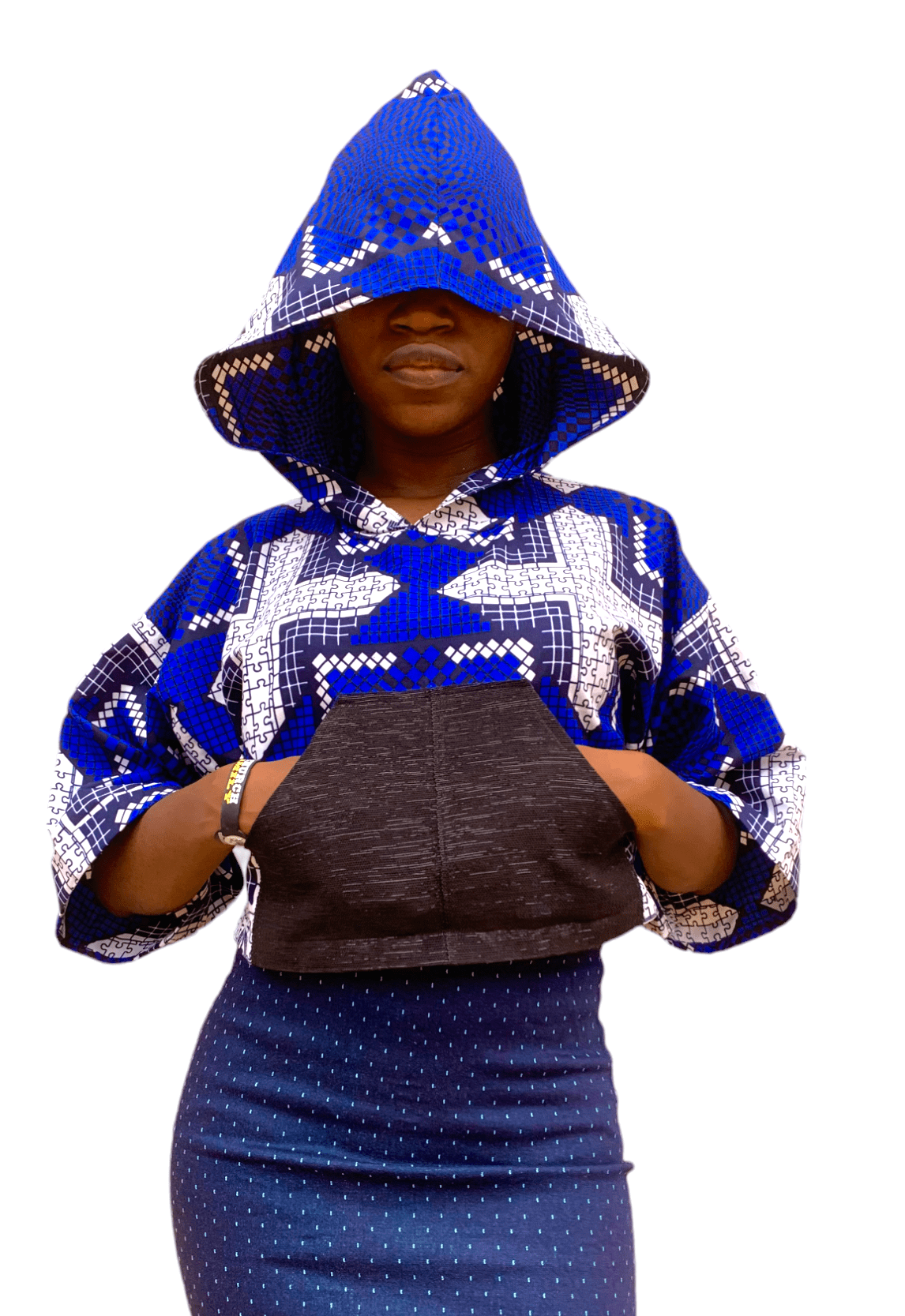 Cibe Women’s Blue Ankara Hooded Buba Top With Front Pocket