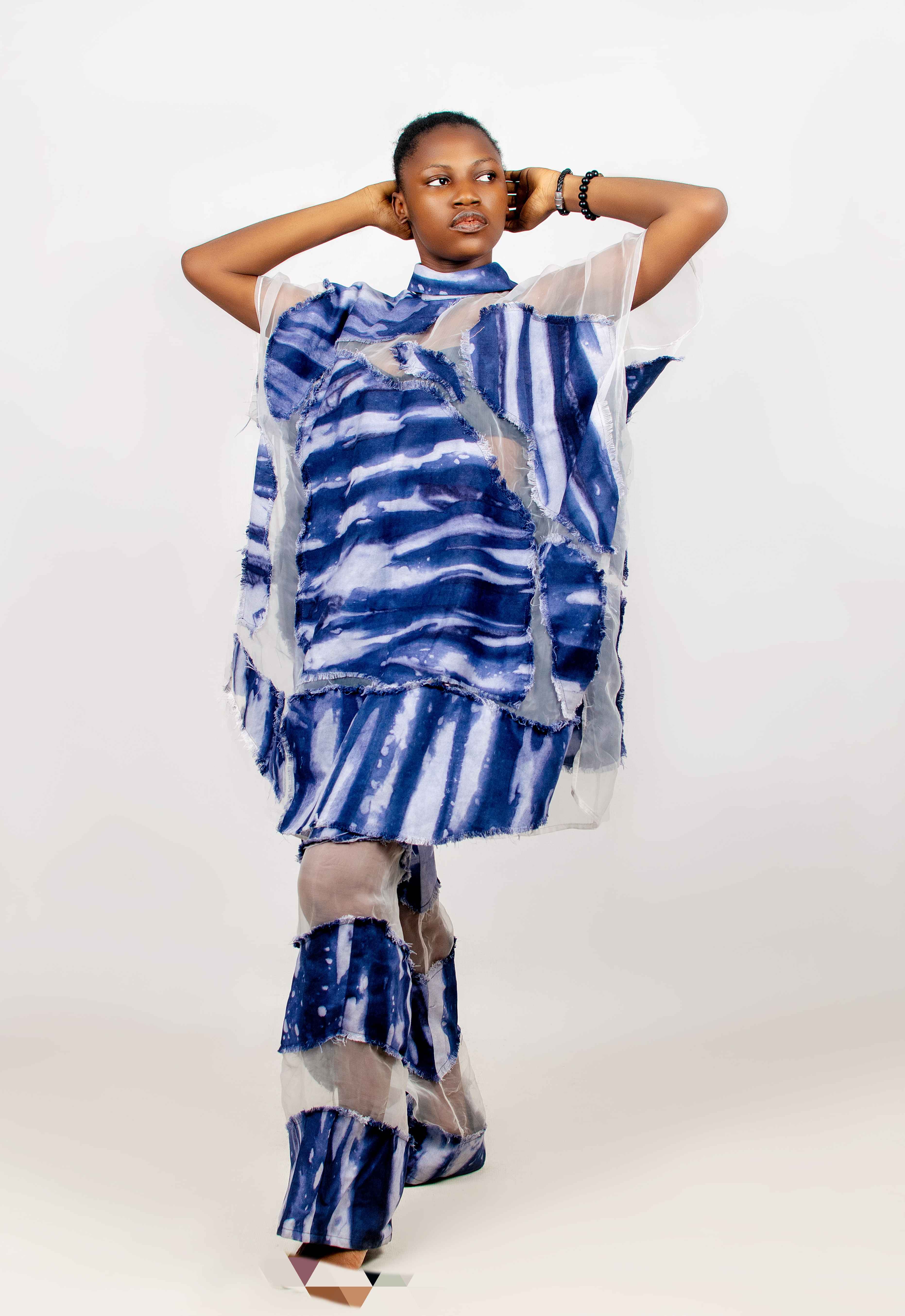 MW Long Top And Pants Set – Hand-Dyed Denim, Cotton And Organdy