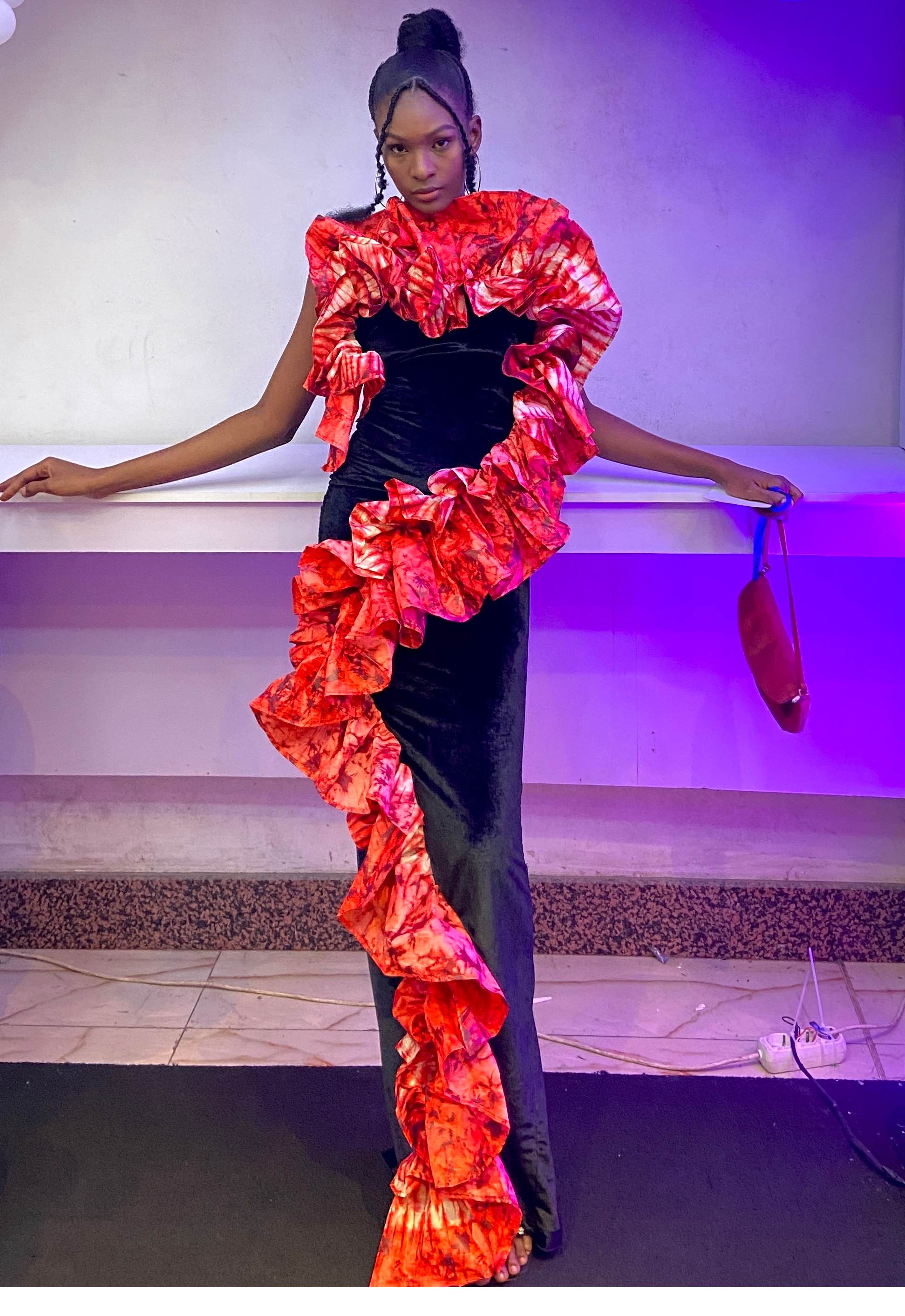 Women's Adire And Velvet Full-Length Dress