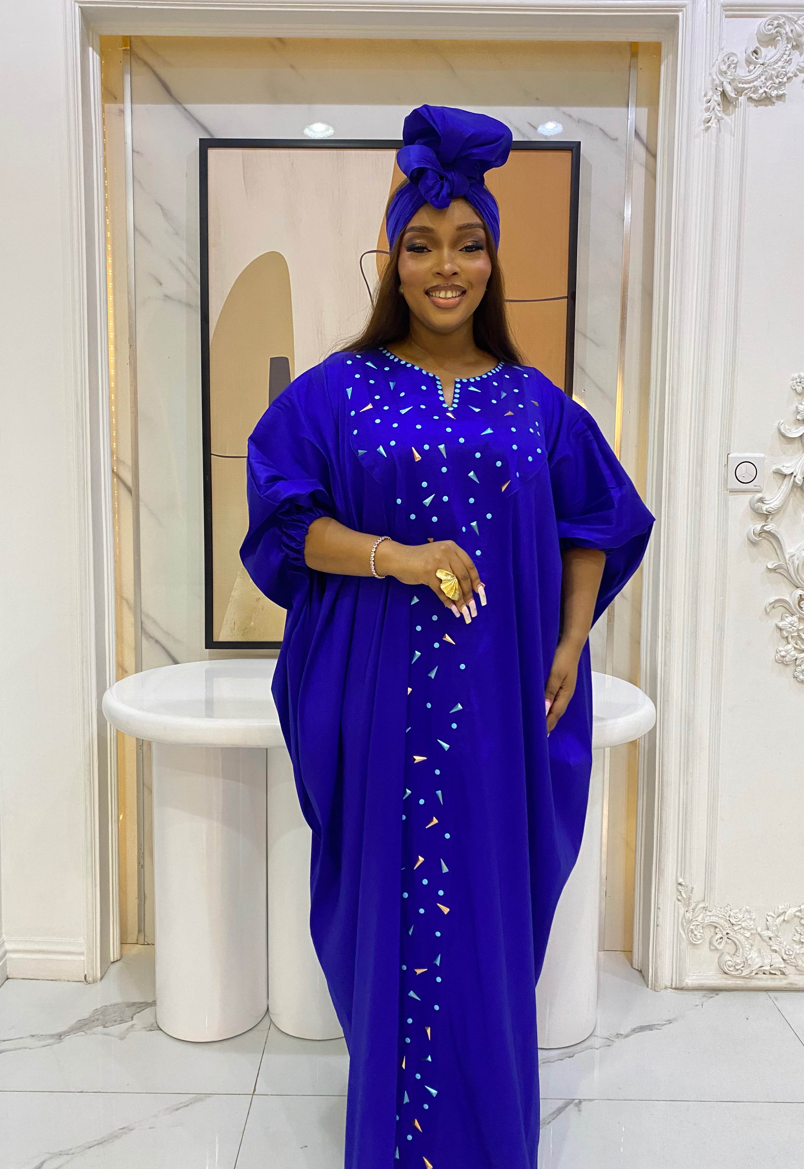 Zeezah Raw Silk Maxi Boubou With Blue And Rose Gold Metallic Embellishments