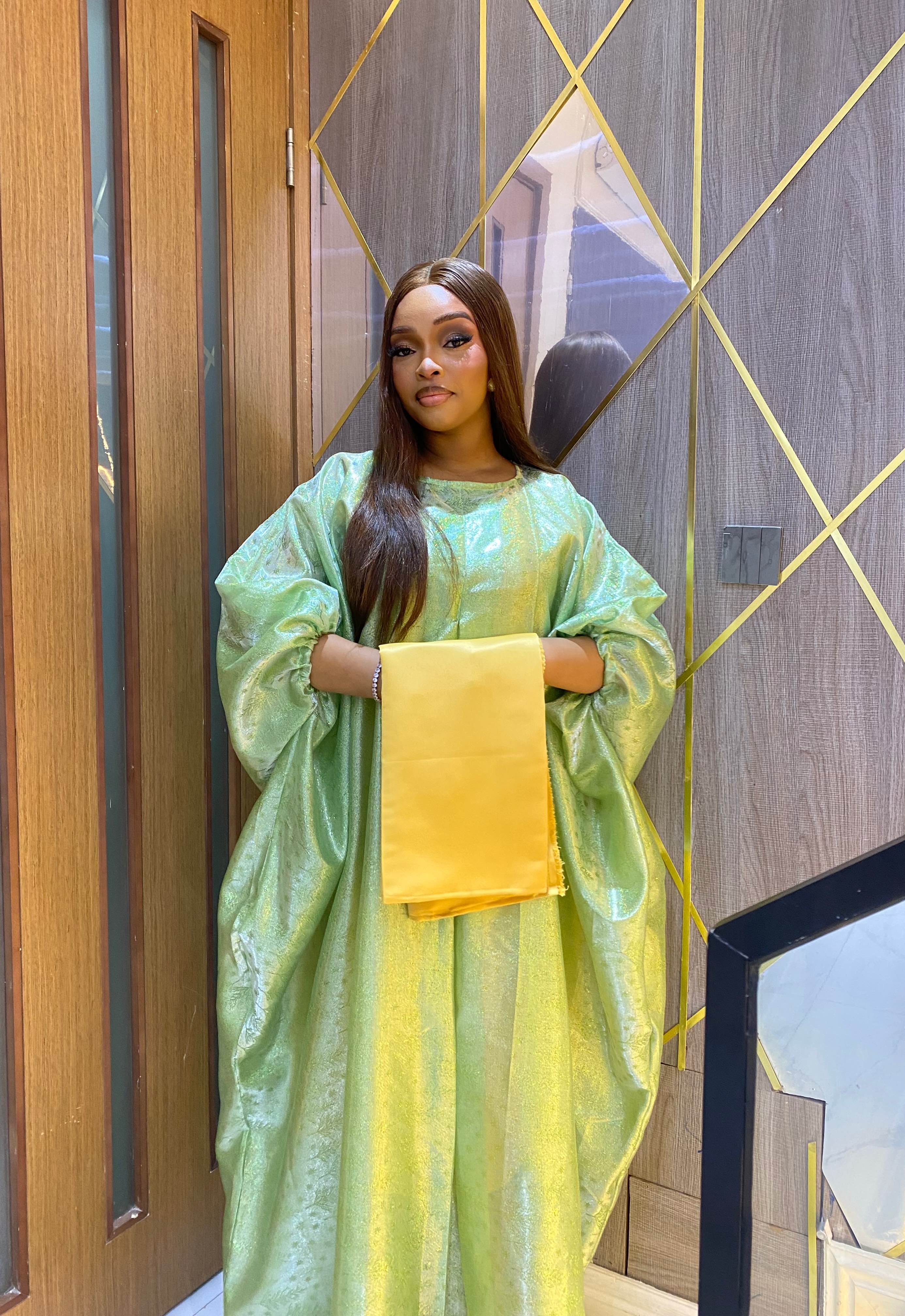 Rabia Mint Green Damask Organza Maxi Boubou With Gold Shimmers