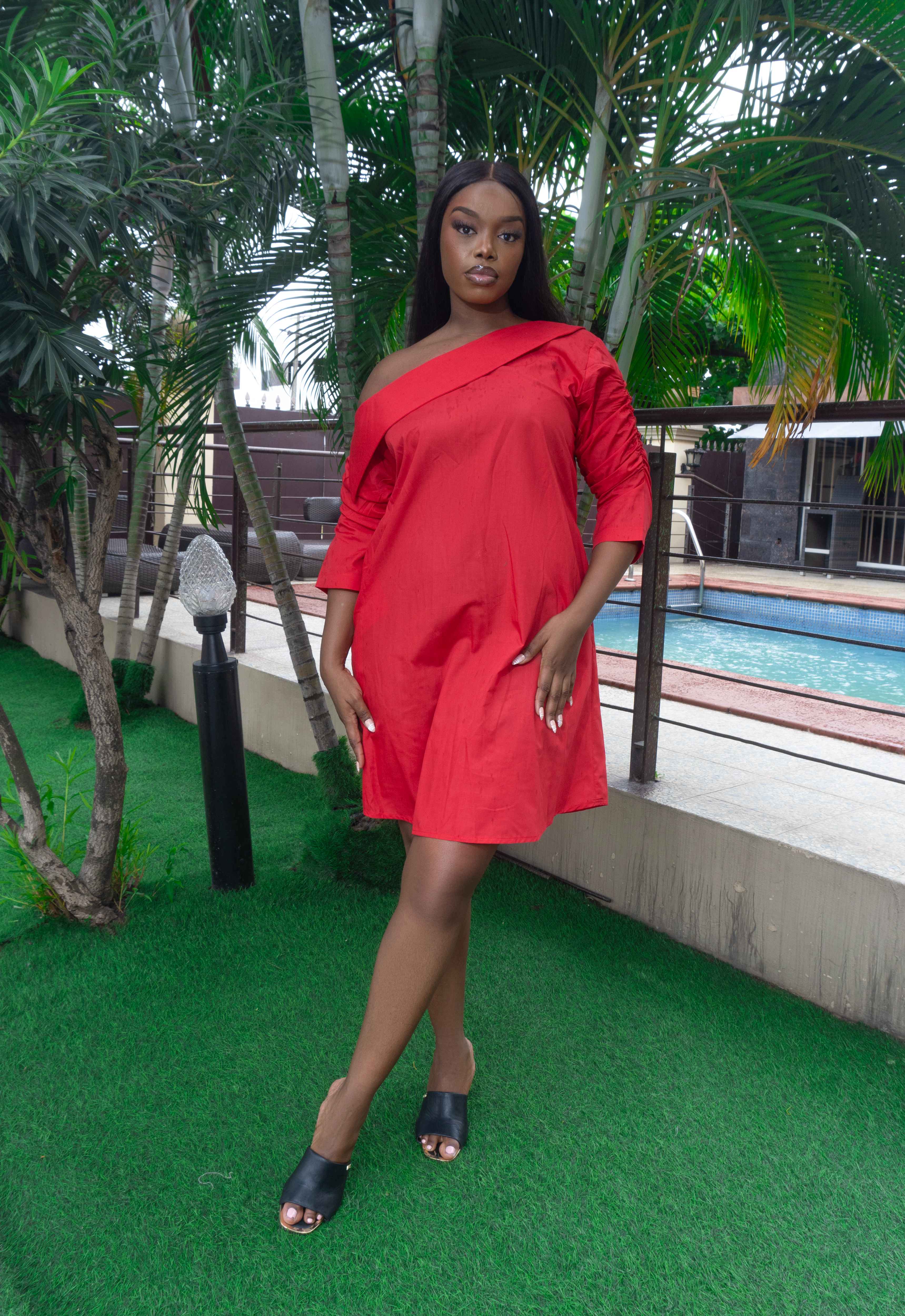 Ama Slant-Shoulder Linen Shift Dress With Pockets