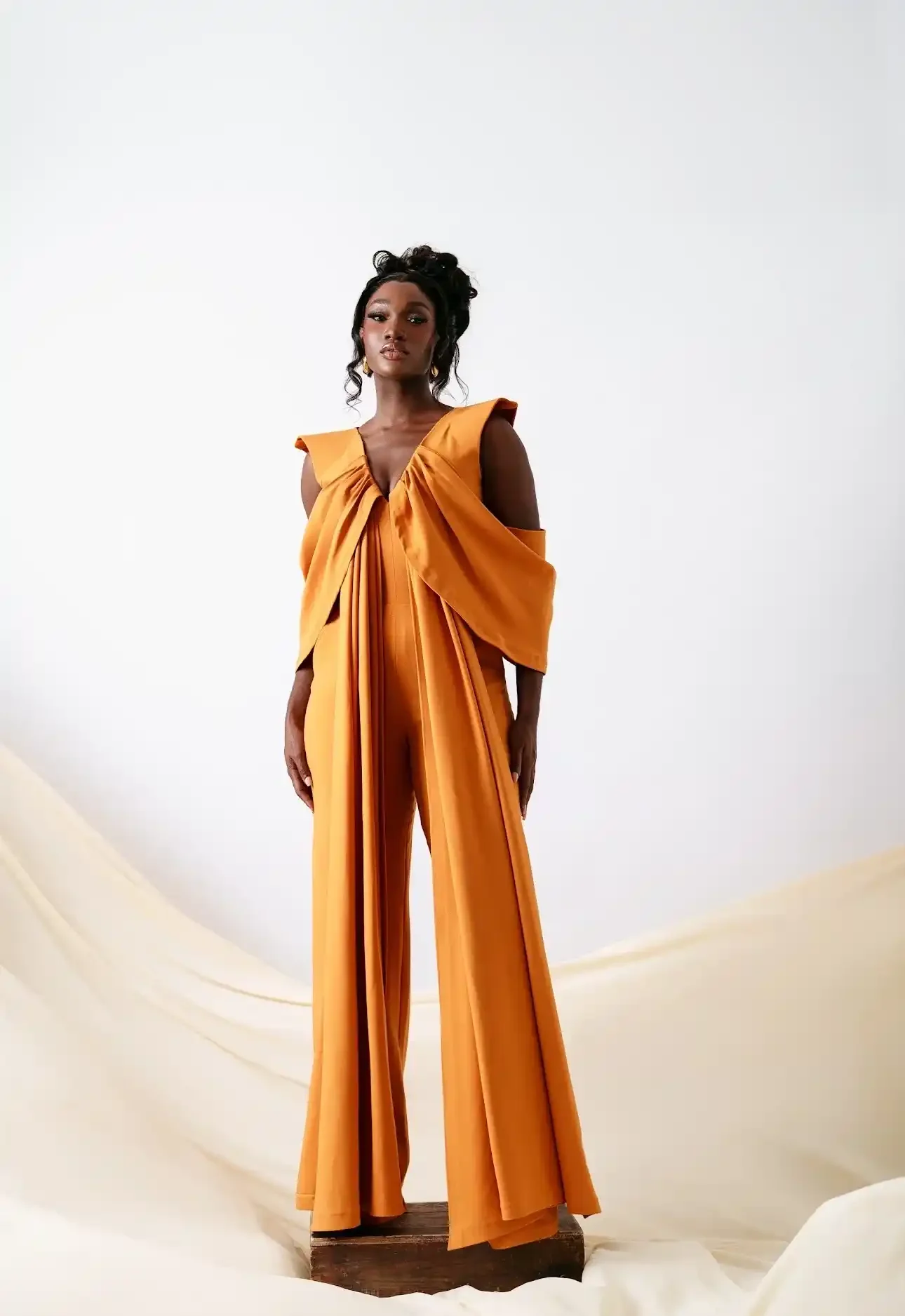 Melodia Jumpsuit With Parallel Drapes And Cross Sleeve Drape Details