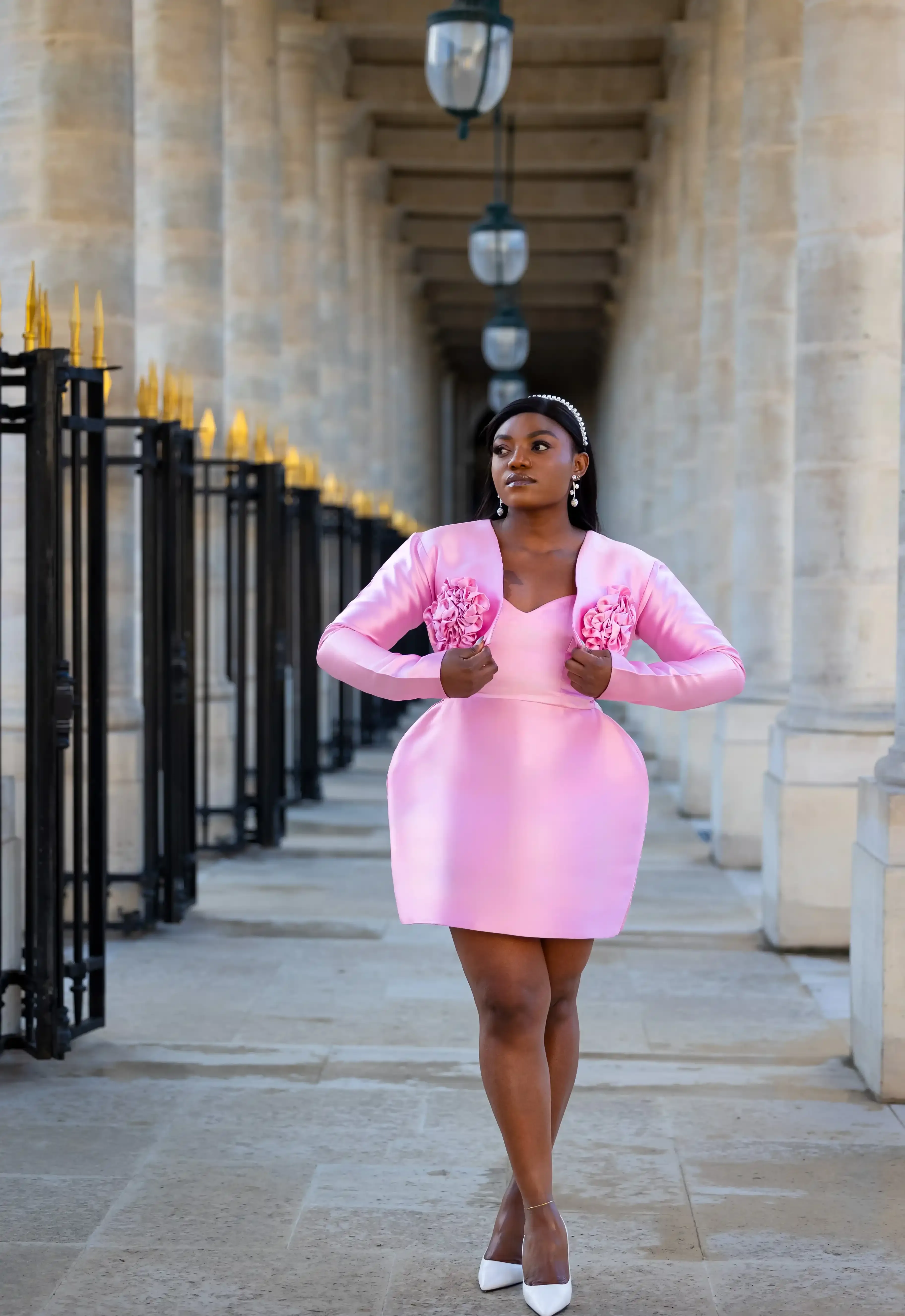 Princesse 2-Piece Short Gown And Crop Jacket With Rose Applique Detail Set In Pink