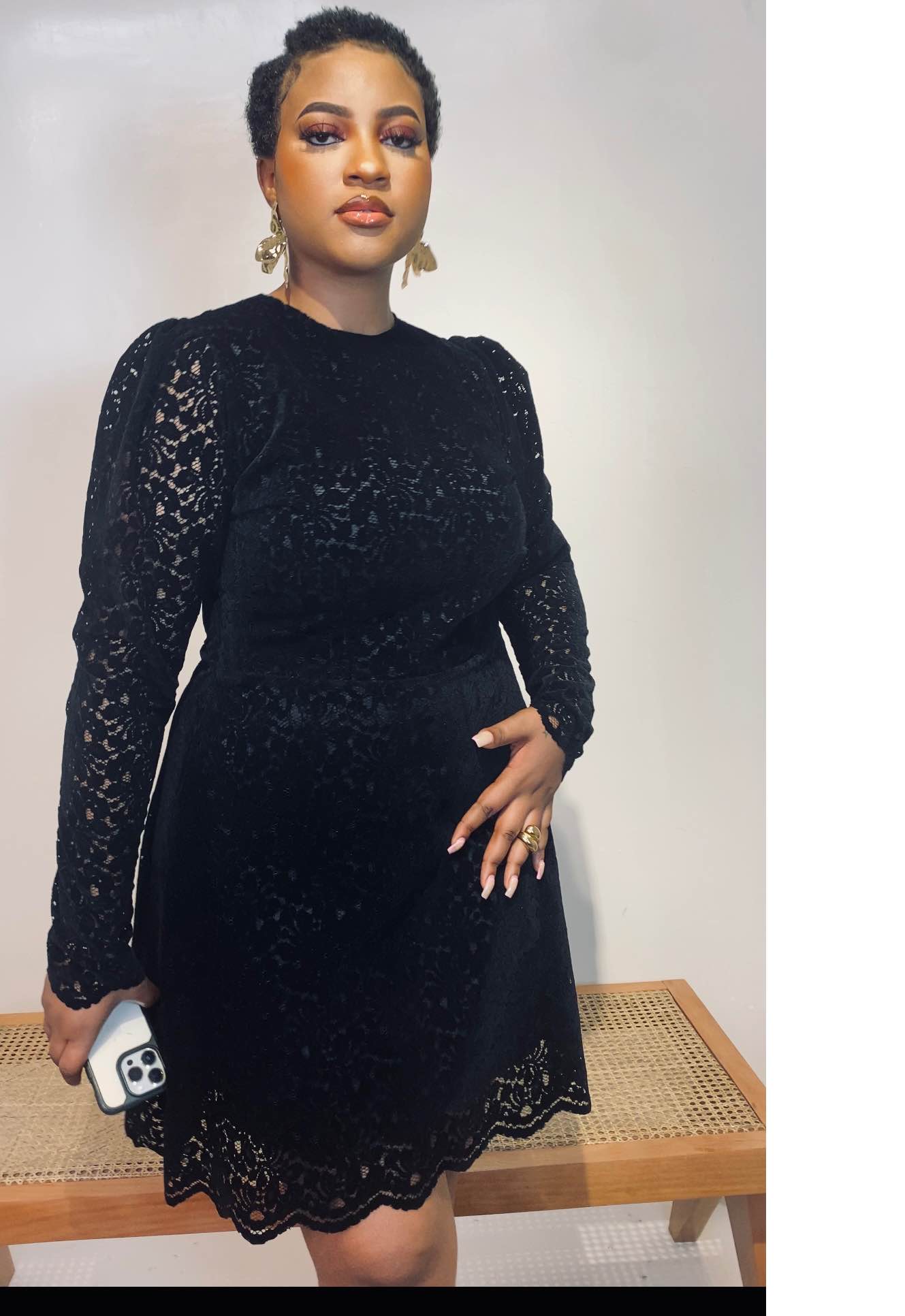 Stacy Exquisite Velvety Lace Skater Dress – Elegant Fit-And-Flare With Puffy Sleeves