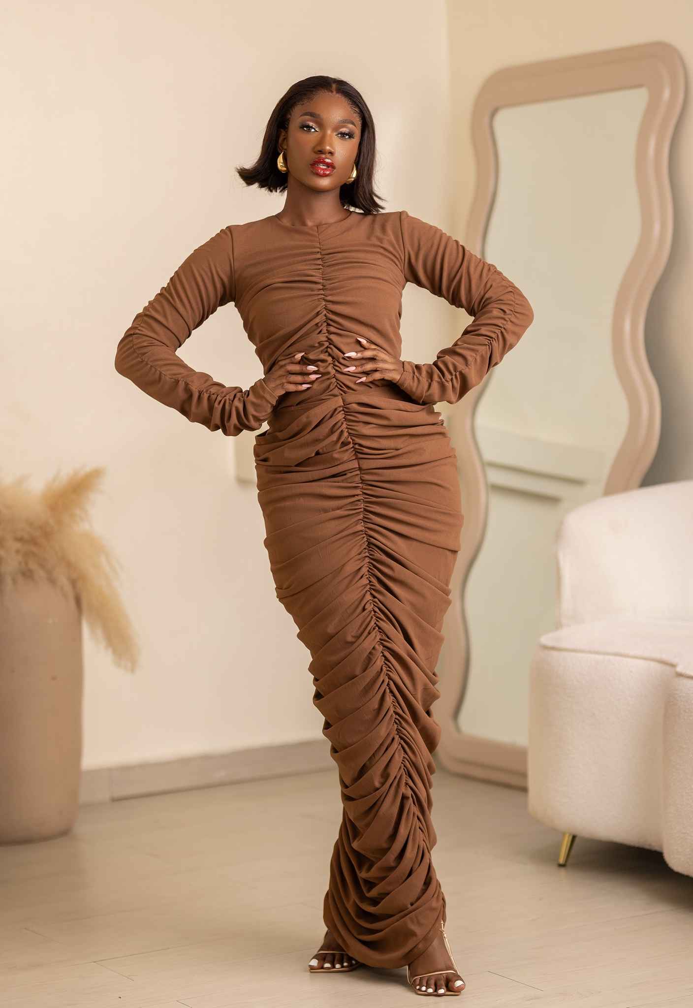 Serena 2-Piece Ruched Long Sleeve Crop Top And Ruched Long Skirt Set
