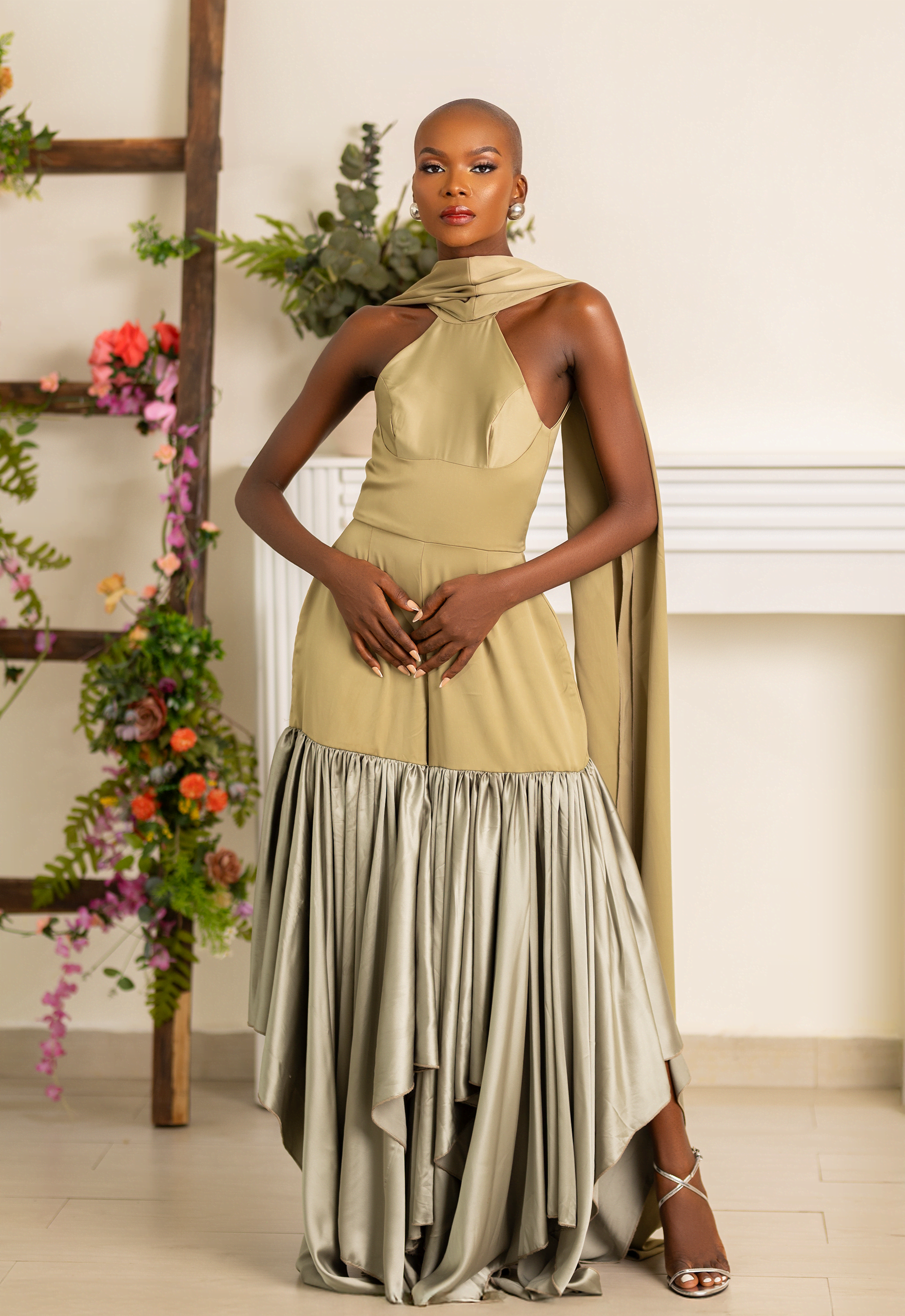 Maya Sleek Halter Neckline Jumpsuit With Dramatic Cape Detail In Olive