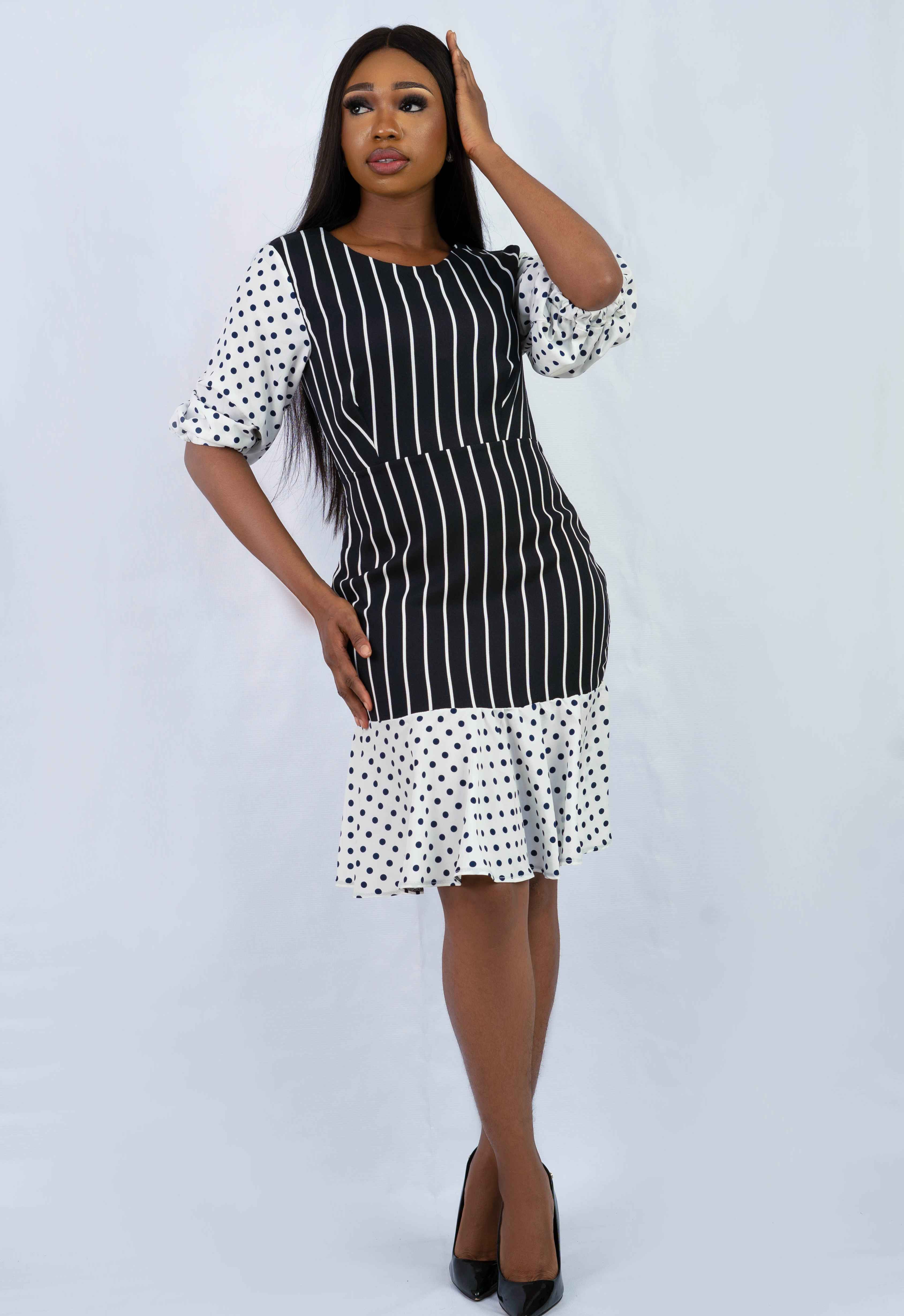 Stripes And Dots Fit-and-Flare Flounce Dress