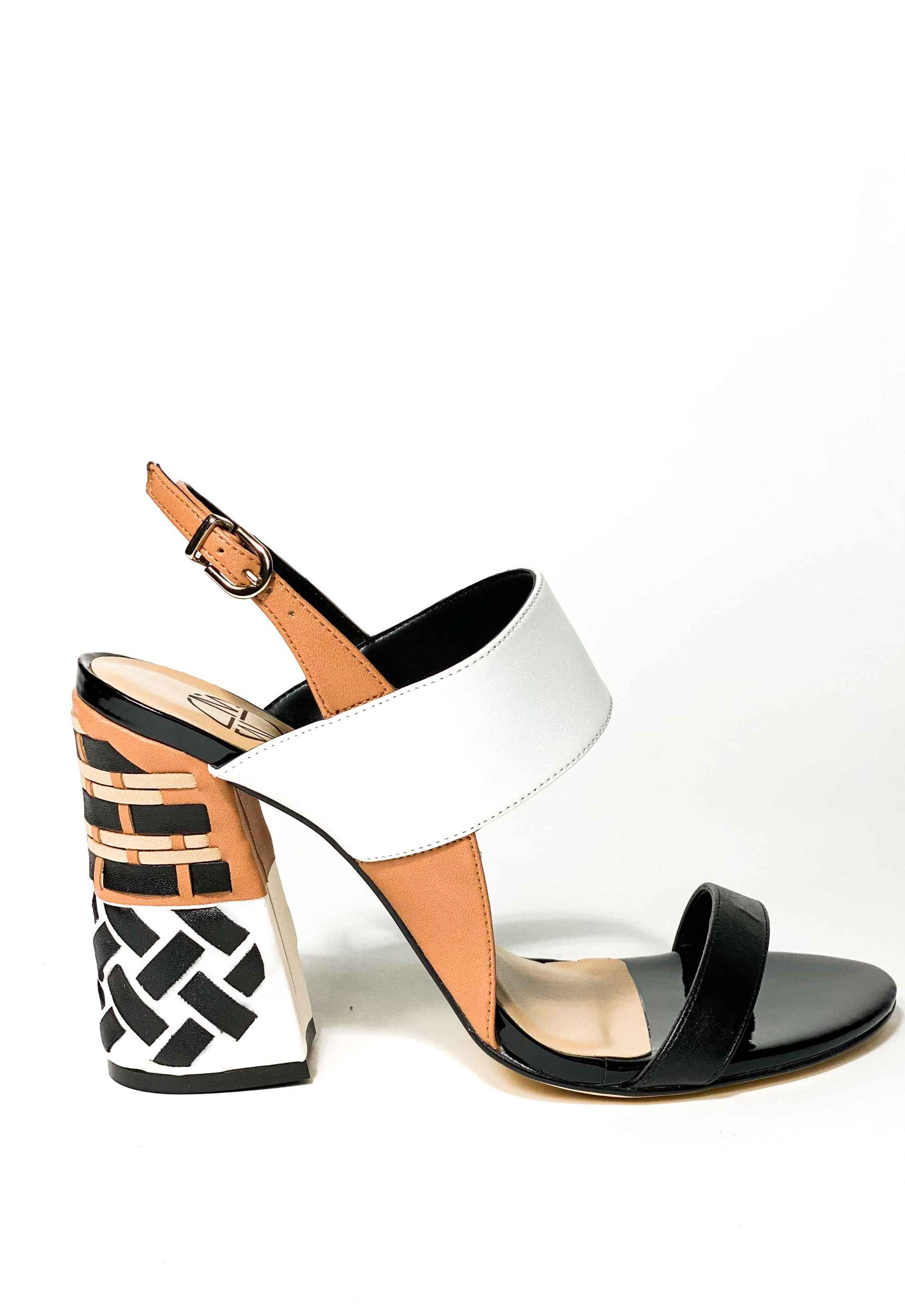 Daenerys Interwoven Block Heel Sandals – Black, White and Tan