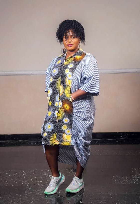 Lami Striped Cotton And Adire Dress With Ankara Bloom Accent