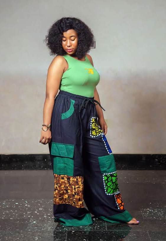 Zuri Green Denim And Ankara Patchwork Pants