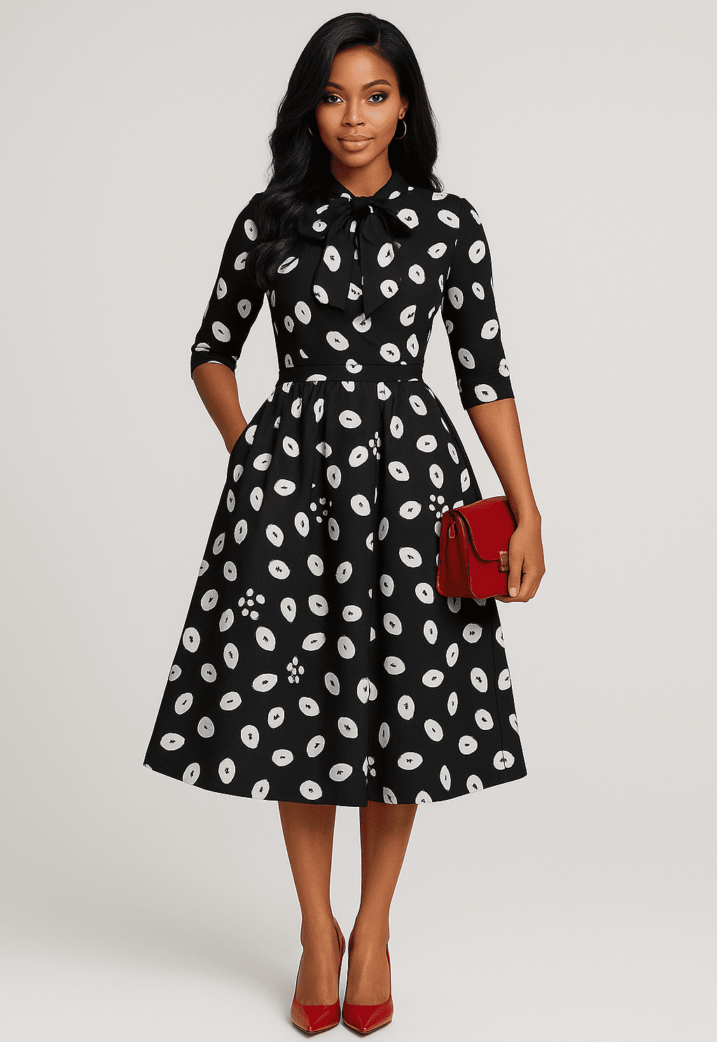 Black And White Ankara Midi Dress with Pockets